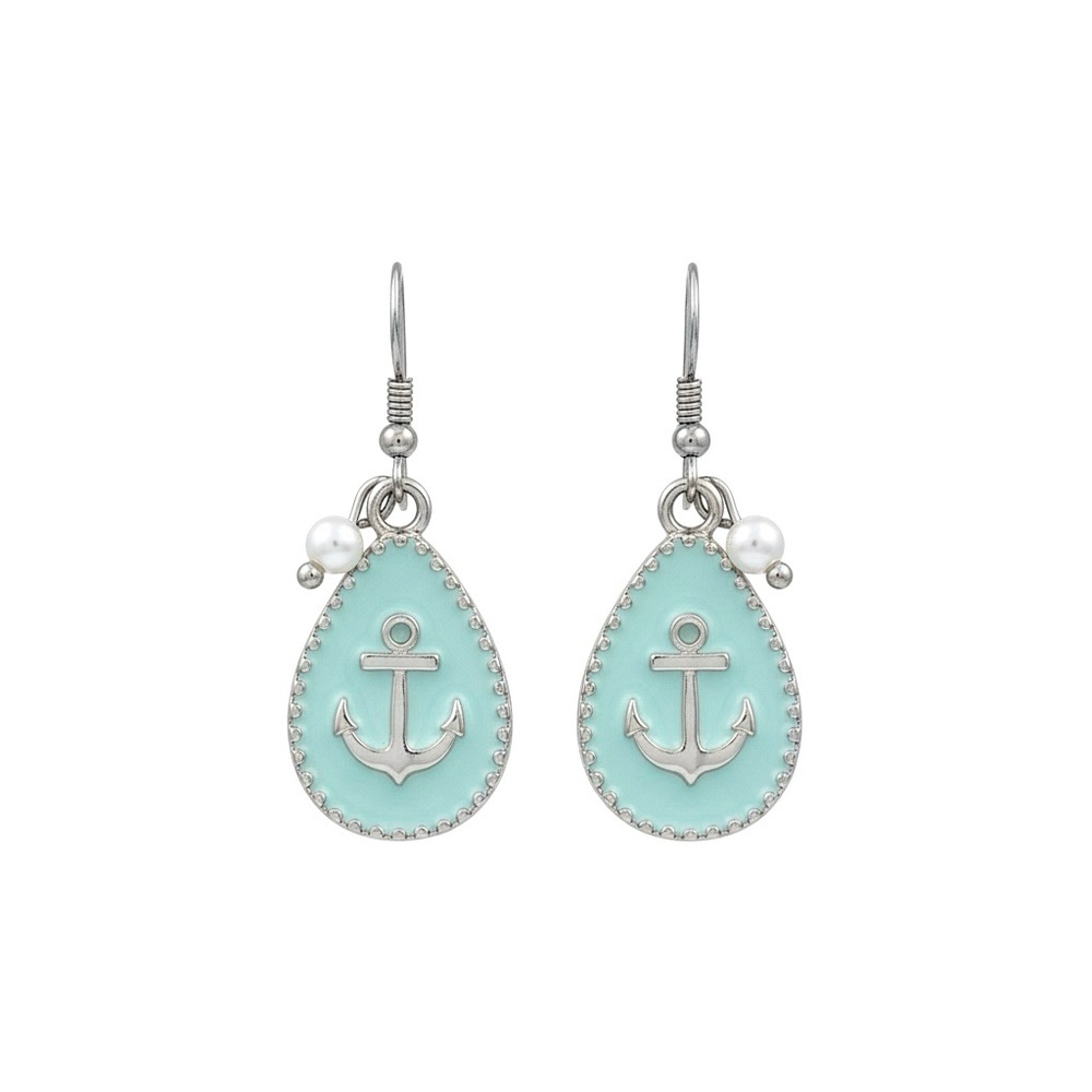 Vintage Mode Mint Anchor Gold Tone Enamel Dangle Earrings